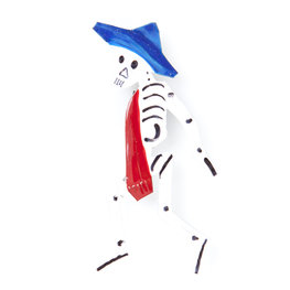 magneetje van blik skelet hoed blauw das rood